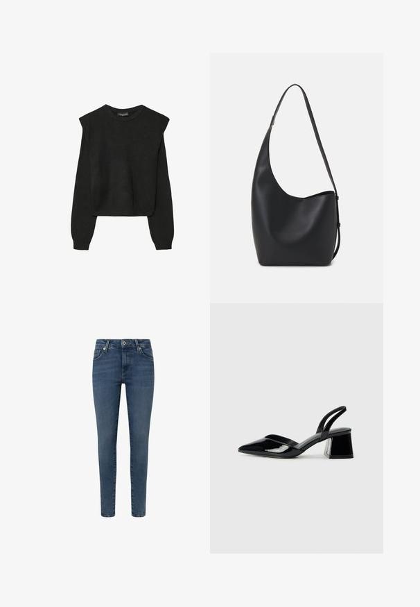 Crna pletena dugoslojna majica sa podloženim ramenima i rebrastim manžetama i rubom, prikazana na bijeloj pozadini.; Uske traperice u tamnoplavoj boji, sa klasičnim dizajnom s pet džepova, prednjim zatvaračem i kopčanjem na dugme, te glatkom teksturom.; Crne lakirane kožne sandale s otvorenom petom i špicastim vrhom, s geometrijskom blok petom. Imaju elegantan, minimalistički dizajn i glatku teksturu.; Crna kožna hobo torba s glatkom teksturom, zakrivljenim oblikom i jednom podesivom trakicom; ima širok otvor na vrhu.