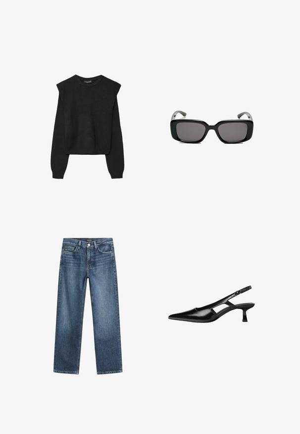 Maglione nero a maniche lunghe in maglia con spalle imbottite e polsini e orlo a coste, mostrato su uno sfondo bianco.; Jeans in denim blu con taglio dritto, finitura lavata media, cinque tasche e chiusura frontale a bottone. Dettagli di cucitura classici in tutto il capo.; Tacchi slingback in pelle verniciata nera con punta affusolata, design con tagli laterali e tacco quadrato piccolo. Texture liscia con dettagli minimi.; Occhiali da sole neri rettangolari con lenti scure, montatura in plastica liscia e tempie curve. Il design è voluminoso con un'estetica minimalista.