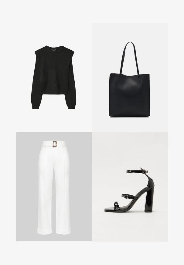 Črn dolgi pulover iz pletenine z oblazinjenimi rameni ter rebrastimi manšetami in robom, prikazan na beli podlagi.; Bele široke hlače iz bombaža. Imajo visok pas z veliko pravokotno zaponko in šivane detajle vzdolž hlačnic.; Črne lakirane sandale s peto, kvadratnim prstom, trakovi okrog gležnja in srebrnimi zaponkami. Opremljene so s stabilno Debelo peto.; Črna usnjena torba s svilnato teksturo, pravokotne oblike in dvema dolgima ročajema. Brez vidnih metalnih delov ali okrasnih elementov.