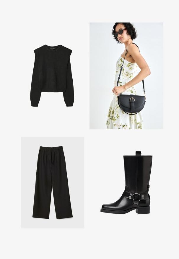 Schwarzer, langärmeliger, gestrickter Pullover mit gepolsterten Schultern sowie gerippten Bündchen und Saum, dargestellt vor einem weißen Hintergrund.; Schwarze weit geschnittene Hose mit elastischem Bund, flach auf einem hellen Hintergrund präsentiert.; Schwarze Lederstiefel bis zum Knie mit spitzer Zehenform, silbernen Schnallenakzenten und einem klobigen Absatz. Verfügt über eine Zuglasche für einfaches Anziehen.; Schwarze Lederhandtasche mit geschwungener Form, abnehmbarem Tragegurt und goldenen Beschlägen. Die Tasche verfügt über einen Deckel mit einer Schnallen-Details.