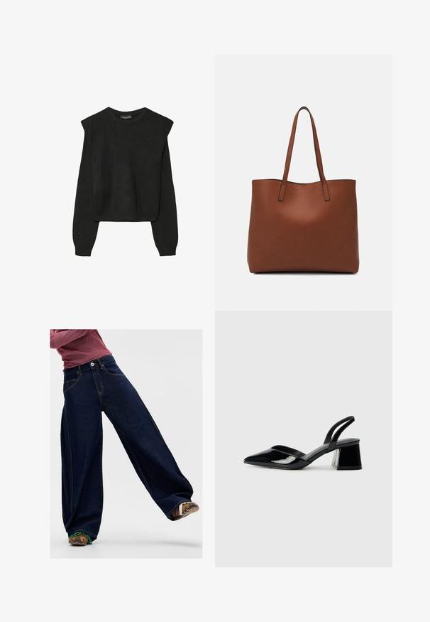 Czarny, długi sweter z dzianiny z poduszkami na ramionach oraz prążkowanymi mankietami i dołem, pokazany na białym tle.; Granatowe spodnie dżinsowe typu wide-leg, wykonane z denimu, z kontrastowym przeszyciem, przednią kieszenią i zapięciem na guzik w talii. Widoczna teksturowana tkanina.; Czarne lakierowane półbuty na obcasie z wydłużonym noskiem i geometrycznym słupkiem. Charakteryzują się eleganckim, minimalistycznym designem oraz gładką fakturą.; Brązowa skórzana torba tote o gładkiej fakturze, z otwartym wierzchem i dwoma ramiączkami. Charakteryzuje się minimalnym przeszyciem i brakiem widocznych elementów metalowych.