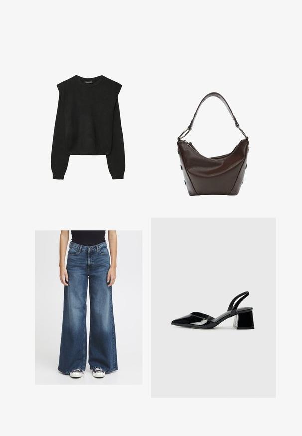 Crna pletena dugoslojna majica sa podloženim ramenima i rebrastim manžetama i rubom, prikazana na bijeloj pozadini.; Široke traperice od plave denima s izblijedjelim završetkom. Imaju klasičan dizajn s pet džepova, kopčanje na dugme i opušteni kroj u struku i bokovima.; Crne lakirane kožne sandale s otvorenom petom i špicastim vrhom, s geometrijskom blok petom. Imaju elegantan, minimalistički dizajn i glatku teksturu.; Tamno smeđa kožna torba sa zakrivljenim oblikom, zatvaranjem na zip i kratkom drškom. Ima metalne detalje i dekorativne crne dugmadi sa strane.
