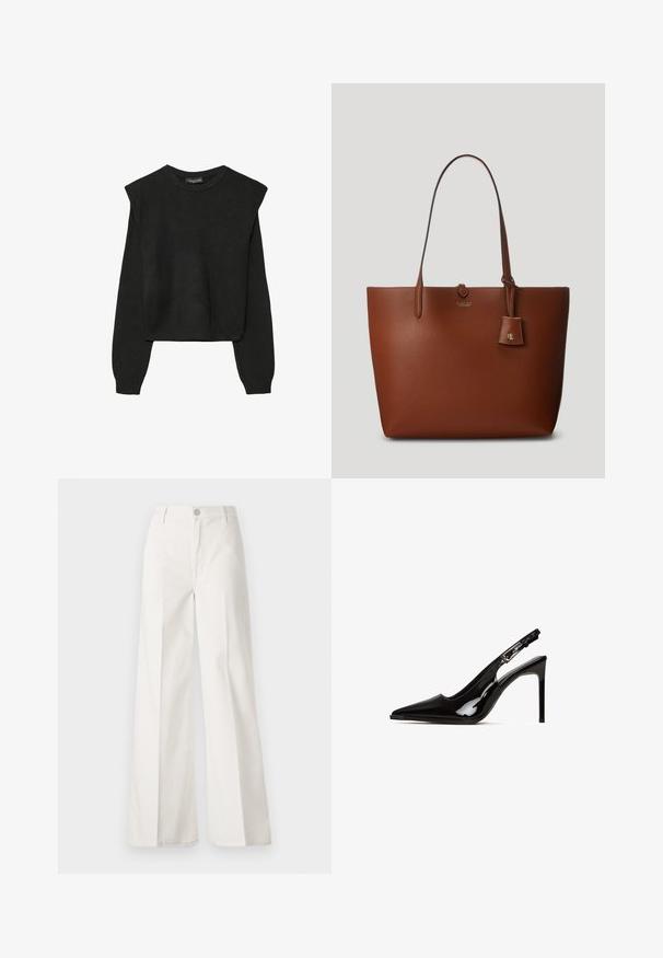 Mustat pitkätuuliseset neulepaidat, joissa on toppaukset harteilla sekä ribbaus hihansuissa ja helmassa, esitetty valkoista taustaa vasten.; Valkoiset leveälahkeiset housut, jotka on valmistettu puuvillasta ja joissa on sileä rakenne. Ominaisuuksiin kuuluvat etupainike, vetoketjuluukku ja neljän taskun muotoilu.; Mustat kynttiläjalkaiset korkokengät kiiltävästä nahasta, joissa on terävä kärki ja stiletto-korko. Sisältää leikattu muotoilun ja säädettävän remmin, jossa on metalliset yksityiskohdat.; Ruskea kivipintainen nahkainen olkalaukku, jossa on kaksi kantohihnaa, pieni kiinnitetty tagi ja hillitty logo edessä. Tasainen pinta ja muotoiltu rakenne.