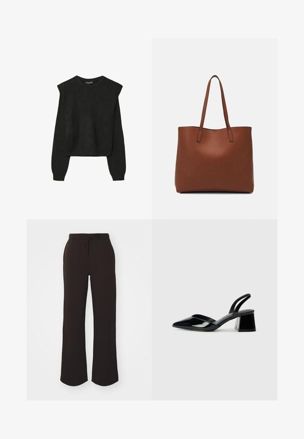 Czarny, długi sweter z dzianiny z poduszkami na ramionach oraz prążkowanymi mankietami i dołem, pokazany na białym tle.; Gina Tricot - Spodnie treningowe; Czarne lakierowane półbuty na obcasie z wydłużonym noskiem i geometrycznym słupkiem. Charakteryzują się eleganckim, minimalistycznym designem oraz gładką fakturą.; Brązowa skórzana torba tote o gładkiej fakturze, z otwartym wierzchem i dwoma ramiączkami. Charakteryzuje się minimalnym przeszyciem i brakiem widocznych elementów metalowych.