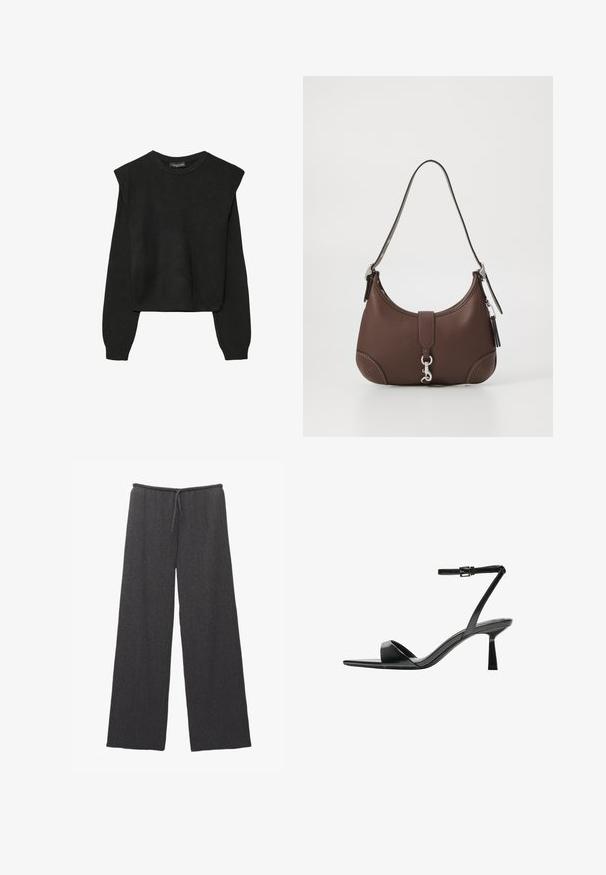 Schwarzer, langärmeliger, gestrickter Pullover mit gepolsterten Schultern sowie gerippten Bündchen und Saum, dargestellt vor einem weißen Hintergrund.; Weite Hosen in Dunkelgrau, gefertigt aus einem strukturierten Stoff und mit einem elastischen Bund sowie einem Kordelzug. Schlichtes und minimalistisches Design.; Bershka High Heel Sandalette - black; Braune Lederhandtasche mit runder Form, silbernem Zubehör und dekorativer Naht. Verfügt über einen Schulterriemen und einen Verschluss mit Clip.