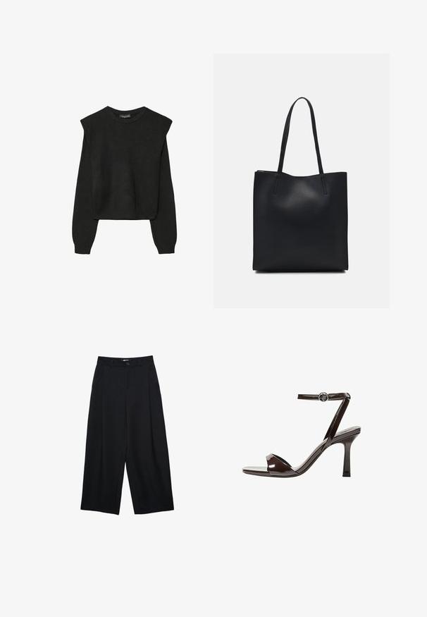 Mustat pitkätuuliseset neulepaidat, joissa on toppaukset harteilla sekä ribbaus hihansuissa ja helmassa, esitetty valkoista taustaa vasten.; Musta leveälahkeinen housut, jotka on valmistettu sileästä kankaasta. Housuissa on edessä nappisuljenta, pleateja ja sivutaskut käytännöllisyyden lisäämiseksi.; Sandaalit korkean koronan ruskeasta mokkanahasta, jossa on nilkkaremmi, avonainen kärki ja tyylikäs, minimalistinen muotoilu. Varusteena neliön muotoinen korko.; Mustapahkainen kangaskassi, jossa on sileä pinta, suorakaiteen muotoinen ja kaksi pitkää kahvaa. Ei näkyvää metalliosaa tai koristeita.