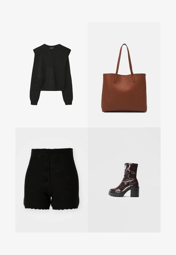 Črn dolgi pulover iz pletenine z oblazinjenimi rameni ter rebrastimi manšetami in robom, prikazan na beli podlagi.; Črne kvačkane kratke hlače z rebrastim vzorcem, visokim pasom in valovitimi robovi. Oblikovane za prileganje silhueti in z zračnim materialom.; Sijajan škrlatank z bleščečim videzom, z masivnim črnim peto, ki se ponaša z gladko teksturo in preprostim dizajnom. Brez vidnih zapenjal ali vzorcev.; Rjava usnjena torba z gladko teksturo, odprto zasnovo zgoraj in dvema naramnima trakovoma. Opremljena je z minimalnim šivanjem in brez vidnih kovinskih delov.