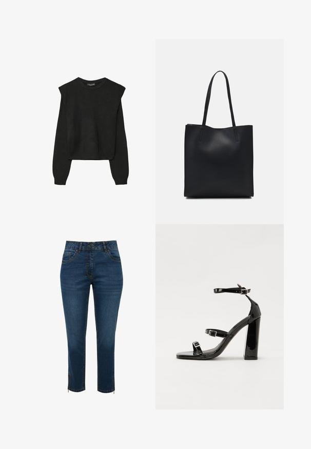 Černý pletený svetr s dlouhými rukávy, vycpanými ramenními částmi a ribbovanými manžetami a lemem, zobrazený na bílém pozadí.; Džínové zkrácené kalhoty v tmavě modré barvě s klasickým pětitiškovým designem, kontrastním prošitím a zipovými detaily na lemech pro zvýraznění.; Černé lakované sandály na podpatku se čtveratou špičkou, lýtkovými pásky a stříbrnými přezkami. Disponují masivním blokovým podpatkem pro stabilitu.; Černá kožená taška přes rameno s hladkým povrchem, obdélníkovým tvarem a dvěma dlouhými uchy. Žádné viditelné kování ani ozdoby.