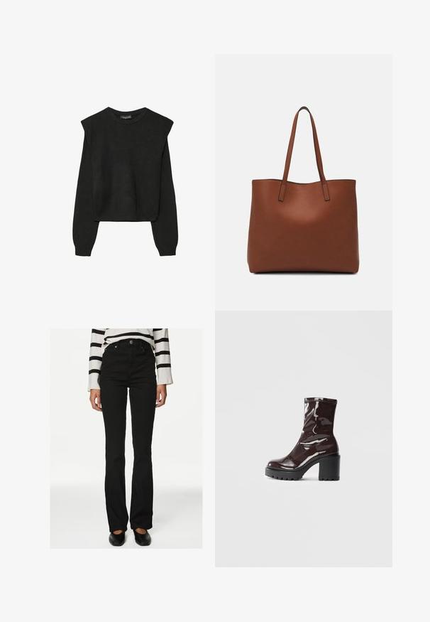 Maglione nero a maniche lunghe in maglia con spalle imbottite e polsini e orlo a coste, mostrato su uno sfondo bianco.; Jeans neri a campana con vita alta, dotati di cinque tasche e chiusura frontale con bottone, realizzati in tessuto denim con una superficie liscia.; Stivale alla caviglia bordeaux lucido con un tacco spesso nero, caratterizzato da una superficie liscia e un design semplice. Nessuna chiusura visibile o motivo.; Borsa tote in pelle marrone con texture liscia, design con apertura superiore e due spallacci. Presenta cuciture minime e nessun hardware visibile.