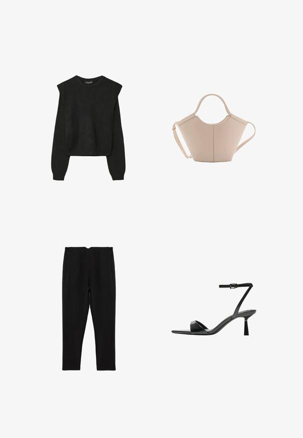 Schwarzer, langärmeliger, gestrickter Pullover mit gepolsterten Schultern sowie gerippten Bündchen und Saum, dargestellt vor einem weißen Hintergrund.; Schwarze Hose mit maßgeschneidertem Design, ausgestattet mit einem flachen Bund, zwei Seitentaschen und vorderen Falten, aus einem glatten Stoff gefertigt.; Bershka High Heel Sandalette - black; Beige Lederhandtasche mit einer einzigartigen Form, die zwei kurze Henkel und einen langen verstellbaren Riemen aufweist. Glatte Textur mit minimalen Hardware-Elementen.