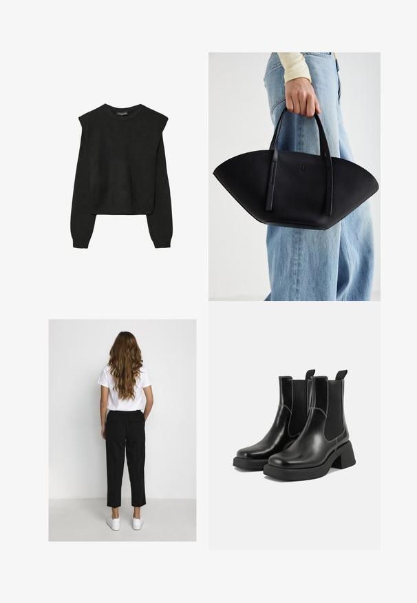 Schwarzer, langärmeliger, gestrickter Pullover mit gepolsterten Schultern sowie gerippten Bündchen und Saum, dargestellt vor einem weißen Hintergrund.; Frau mit langen, welligen Haaren, die ein weißes T-Shirt, schwarze, cropped Hosen und weiße Sneakers trägt, steht vor einer schlichten weißen Wand.; Schwarze Leder Chelsea-Stiefel mit einem klobigen Absatz, elastischen seitlichen Einsätzen und kontrastierendem weißen Nähten. Strukturierte Oberfläche.; Schwarze Lederhandtasche mit einzigartiger Fächerform, ausgestattet mit flachen Griffen. Die Oberfläche hat eine genoppte Textur und ein minimalistisches Design.