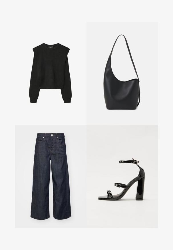 Crna pletena dugoslojna majica sa podloženim ramenima i rebrastim manžetama i rubom, prikazana na bijeloj pozadini.; Tamno plave široke traperice s prednjim kopčanjem na gumb i zatvaračem, petlju za remen i pet džepova na bijeloj pozadini.; Crne lakirane sandale na visoku petu s dva remena s kopčama, kvadratnim vrhom i masivnom blok petom, s glatkom, sjajnom teksturom.; Crna kožna hobo torba s glatkom teksturom, zakrivljenim oblikom i jednom podesivom trakicom; ima širok otvor na vrhu.