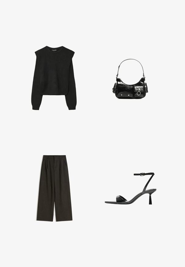Czarny, długi sweter z dzianiny z poduszkami na ramionach oraz prążkowanymi mankietami i dołem, pokazany na białym tle.; Spodnie o szerokich nogawkach w ciemnoszarym kolorze z fakturowanego materiału, z przodu z fałdami i bocznymi kieszeniami, zaprojektowane w luźnym kroju.; Bershka - Sandały na obcasie; Czarna torebka z lakierowanej skóry o zaokrąglonym kształcie, z jednym paskiem na ramię, przednimi kieszeniami i akcentami w kolorze srebrnym.