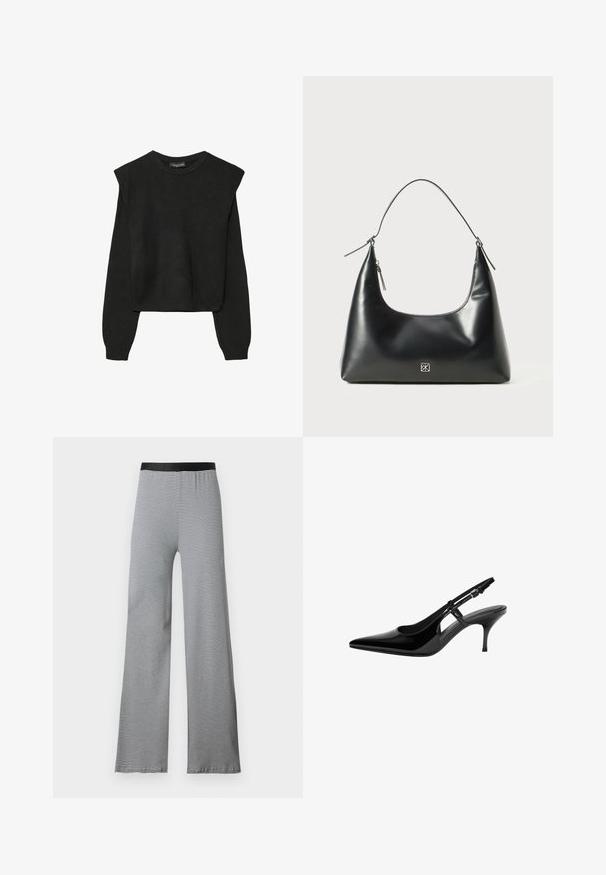 Schwarzer, langärmeliger, gestrickter Pullover mit gepolsterten Schultern sowie gerippten Bündchen und Saum, dargestellt vor einem weißen Hintergrund.; Schwarz-weiße gestreifte Schlaghosen mit einem glatten elastischen Bund. Leichter Stoff mit durchgehendem horizontalem Muster.; Schwarze Lackleder-Slingback-Pumpe mit spitzem Zehenbereich, offenen seitlichen Ausschnitten, schlanker Absatz und verstellbarem Knöchelriemen.; Schwarze, glatte Leder Schultertasche mit abgerundetem Deckel, einem einzigen Trageriemen, Reißverschlussverschluss und kleinem silbernen Logo-Emblem in der Mitte vorne.