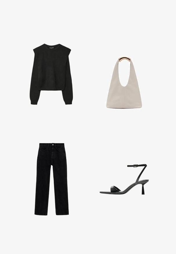 Black long-sleeve knitted sweater with padded shoulders and ribbed cuffs and hem, shown against a white background.; Black denim jeans with a straight-leg cut, featuring a button closure, front pockets, and a classic five-pocket design.; Bershka High heeled sandals - black; Light gray leather bag with a U-shaped design and a curved metallic handle. Smooth texture with minimal stitching and no visible patterns.