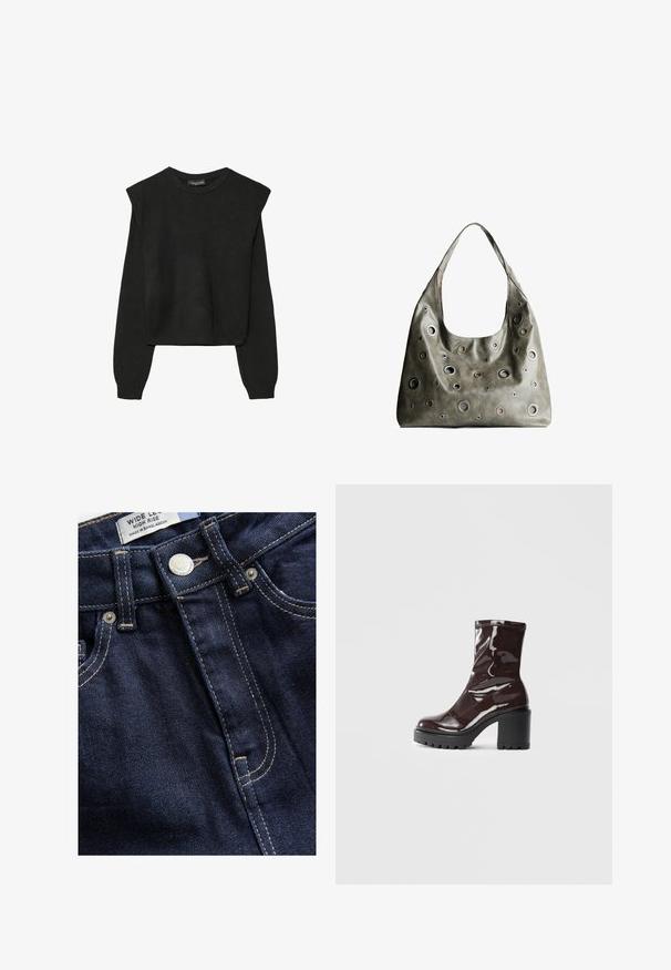 Čierny pletený sveter s dlhými rukávmi, vycpanými ramenami a rebrovanými nápletmi a spodným okrajom, zobrazený na bielom pozadí.; Next WIDE - Široké nohavice - rinse; Lesklé burgundské kotníkové boty s robustním černým podpatkem, s hladkou strukturou a jednoduchým designem. Bez viditelných zapínání nebo vzorů.; Olive zelená kožená kabelka so spadnutým dizajnom, obsahujúca rôzne veľkosti kruhových výrezov a akcenty v tmavších a svetlejších odtieňoch.