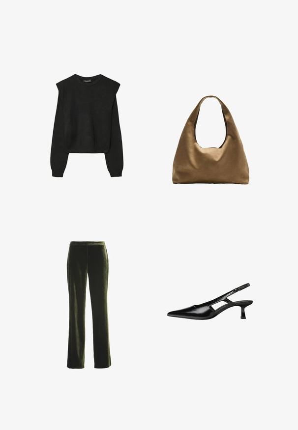 Svart långärmad stickad tröja med vadderade axlar och ribbade muddar och fåll, visad mot en vit bakgrund.; Mörkgröna sammetsbyxor med rak benprofil och elastisk midja, visade liggande på en vit bakgrund.; Svart lackläder slingback-klackar med spetsig tå, utskuren sidor och en liten fyrkantig klack. Slät textur med minimala accenter.; Brun tygaxelväska med en bred, rundad kropp och ett stort utskärningshandtag. Mjukt material, minimalistisk design och ingen synlig hårdvara.