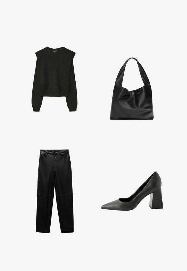 Čierny pletený sveter s dlhými rukávmi, vycpanými ramenami a rebrovanými nápletmi a spodným okrajom, zobrazený na bielom pozadí.; Čierne nohavice z faux kože s rovnými nohavicami, ktoré majú dva predné vrecká a hladkú, matnú textúru.; Čierne kožené lodičky s špicatou špičkou a robustným geometrickým podpätkom s hladkým povrchom. Obsahuje nízky výrez a elegantný dizajn.; Čierna kožená kabelka s mäkkým a voľným dizajnom, širokými popruhmi a hladkým povrchom. Žiadne viditeľné hardvérové prvky ani ozdoby.