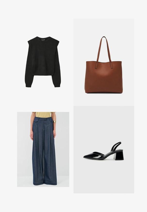 Černý pletený svetr s dlouhými rukávy, vycpanými ramenními částmi a ribbovanými manžetami a lemem, zobrazený na bílém pozadí.; Široké džíny z tmavého denimu s sklady, dvojicí předních kapes a kontrastním šitím. Vysoký pas. Hladká textura.; Černé lakované kožené lodičky na pásku s špičatou špičkou a geometrickým blokovým podpatkem. Vyznačují se elegantním, minimalistickým designem a hladkým povrchem.; Hnědá kožená taška přes rameno s hladkou texturou, otevřeným designem a dvěma ramenními popruhy. Obsahuje minimální švy a žádné viditelné kovové prvky.
