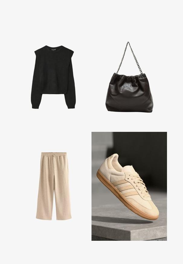 Sort striktrøje med lange ærmer, polstrede skuldre og ribkantede manchetter og kant, vist mod en hvid baggrund.; Cremefarvede breddebenede bukser lavet af blødt bomuldsblandingsstof. Har en elastisk talje med snor og en subtil plettet tekstur.; Lys beige ruskinds sneakers med gummisål, tre diagonale striber og en tekstureret tætsko. Har logo på tungen og siden.; Brun lædertaske med en rynket top og en kædestrop. Glat tekstur med en blank finish og subtile sømdetaljer på siderne.