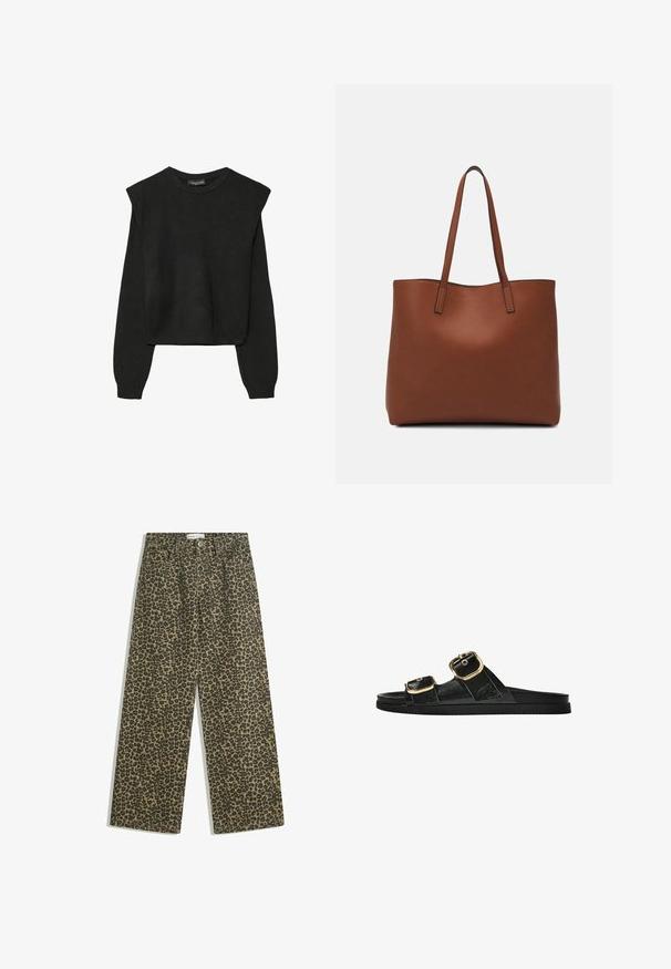 Černý pletený svetr s dlouhými rukávy, vycpanými ramenními částmi a ribbovanými manžetami a lemem, zobrazený na bílém pozadí.; Džínové kalhoty s leopardím potiskem v odstínech hnědé a černé. Vysoký pas, rovný střih a tradiční pětisídlový styl.; Černé kluzné sandály s dvěma zlatými sponami, hladkým texturovaným materiálem, plochou podrážkou a minimalistickým designem.; Hnědá kožená taška přes rameno s hladkou texturou, otevřeným designem a dvěma ramenními popruhy. Obsahuje minimální švy a žádné viditelné kovové prvky.
