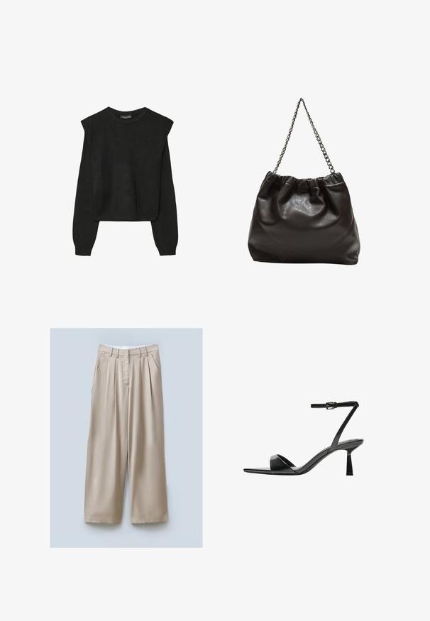 Sort striktrøje med lange ærmer, polstrede skuldre og ribkantede manchetter og kant, vist mod en hvid baggrund.; Beige brede bukser med tekstureret finish, der har to sidelommer, frynsede detaljer foran og en taljeelastik for en sikker pasform.; Bershka Højhælede sandaletter / Højhælede sandaler - black; Brun lædertaske med en rynket top og en kædestrop. Glat tekstur med en blank finish og subtile sømdetaljer på siderne.