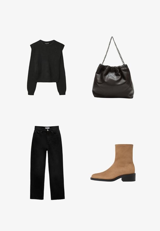Svart långärmad stickad tröja med vadderade axlar och ribbade muddar och fåll, visad mot en vit bakgrund.; Svarta jeans i denim med rak skärning, femfickorsdesign, metalldekorativ knapp och bälteshål. Tyget har en matt yta och inga synliga mönster.; Bruna mockaskor i ankellängd med fyrkantig tå, låg klack och sömlös design. Har diskret sömnad längs kanterna.; Brun läderväska med rynkad topp och kedjesnodd. Slät textur med en blankslipad yta och subtila sömdetaljer på sidorna.
