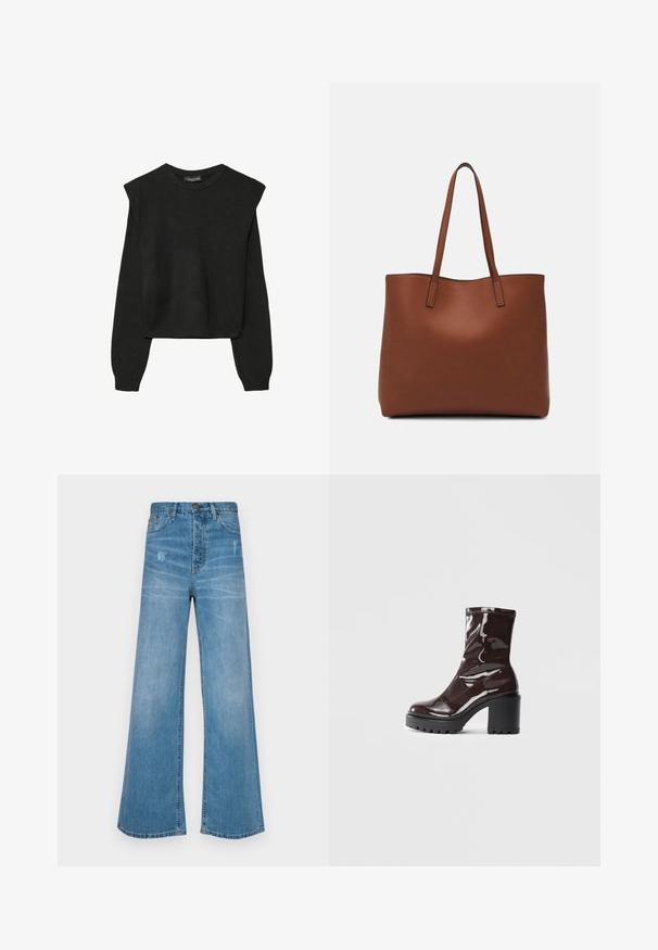 Crna pletena dugoslojna majica sa podloženim ramenima i rebrastim manžetama i rubom, prikazana na bijeloj pozadini.; LOIS Jeans SKATER LOOSE - Traperice opuštenog kroja - stone; Sjajna burgundska čizma do gležnja s debelim crnim potplatom, koja se odlikuje glatkom teksturom i jednostavnim dizajnom. Nema vidljivih kopčanja ili uzoraka.; Smeđa kožna torba preko ramena s glatkom teksturom, otvorenim vrhom i dvjema naramenicama. Ima minimalne šavove i nema vidljivog hardvera.
