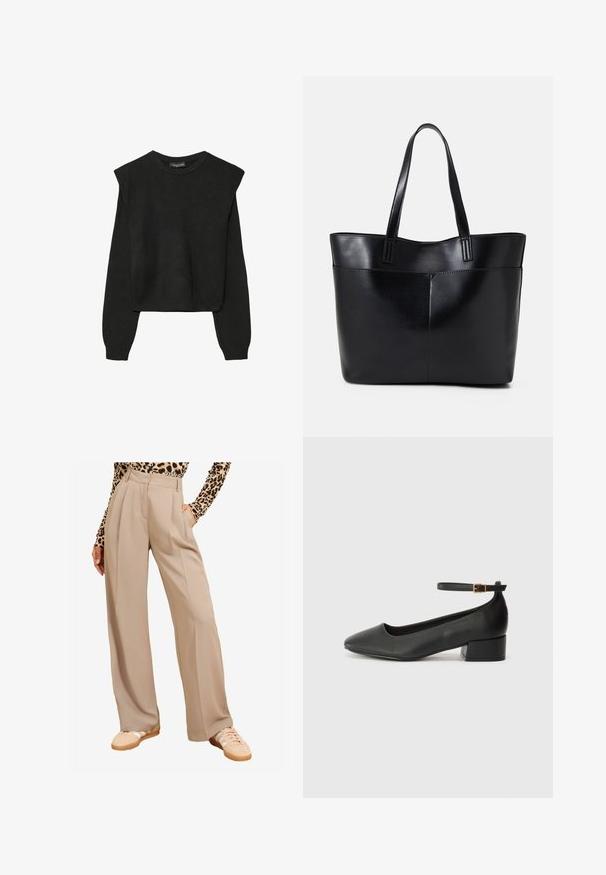 Mustat pitkätuuliseset neulepaidat, joissa on toppaukset harteilla sekä ribbaus hihansuissa ja helmassa, esitetty valkoista taustaa vasten.; Beige levele tirkoja z gajami, ki imajo žepke in gladko teksturo. Ujemajo se z bež športnimi copati in topom z leopardjim vzorcem.; Mustat nahkakengät, joissa on terävä kärki ja matala lohkare korko. Varustettu nilkkahihnalla, jossa on kultasävyinen solki. Lisää sileä pinta.; Musta nahkainen kassi, jossa on kaksi pitkää kahvaa, sileä pinta ja jämäkkä muoto. Sisältää etutaskun lisävarastointia varten.