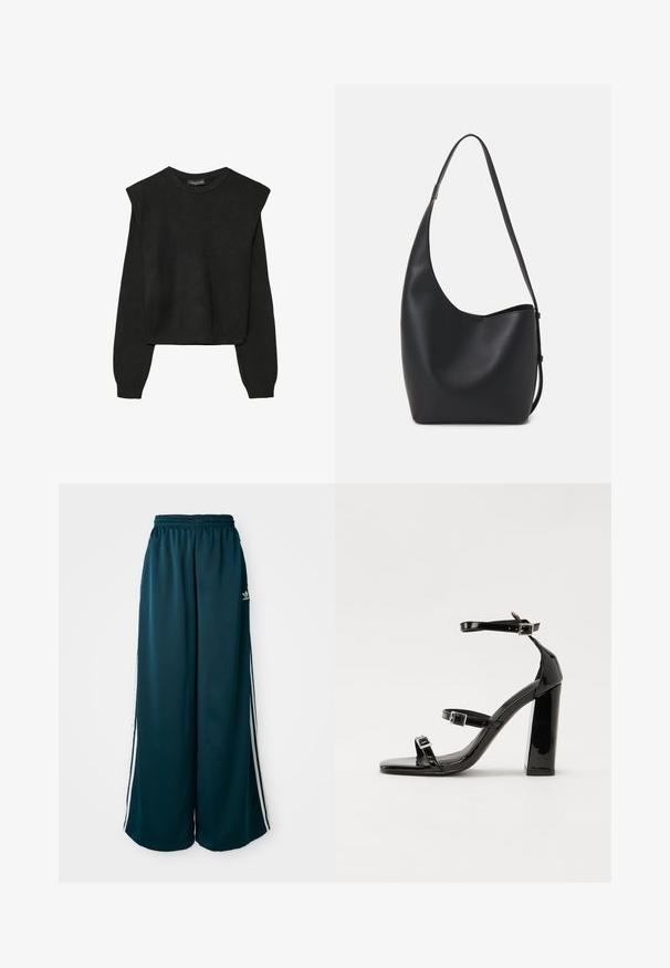 Črn dolgi pulover iz pletenine z oblazinjenimi rameni ter rebrastimi manšetami in robom, prikazan na beli podlagi.; Teal široke trenirke z elastičnim pasom, ki imajo tri bele črte ob straneh in Adidasov logotip na levi strani.; Črne lakaste sandale z visokimi petami, z dvema trakovoma z zaponkama, kvadratnim sprednjim delom in masivno širšo peto, z gladko, sijočo teksturo.; Črna usnjena hobo torba z gladko teksturo, ukrivljeno obliko in eno nastavljivo naramnico; ima širok odprtina na vrhu.