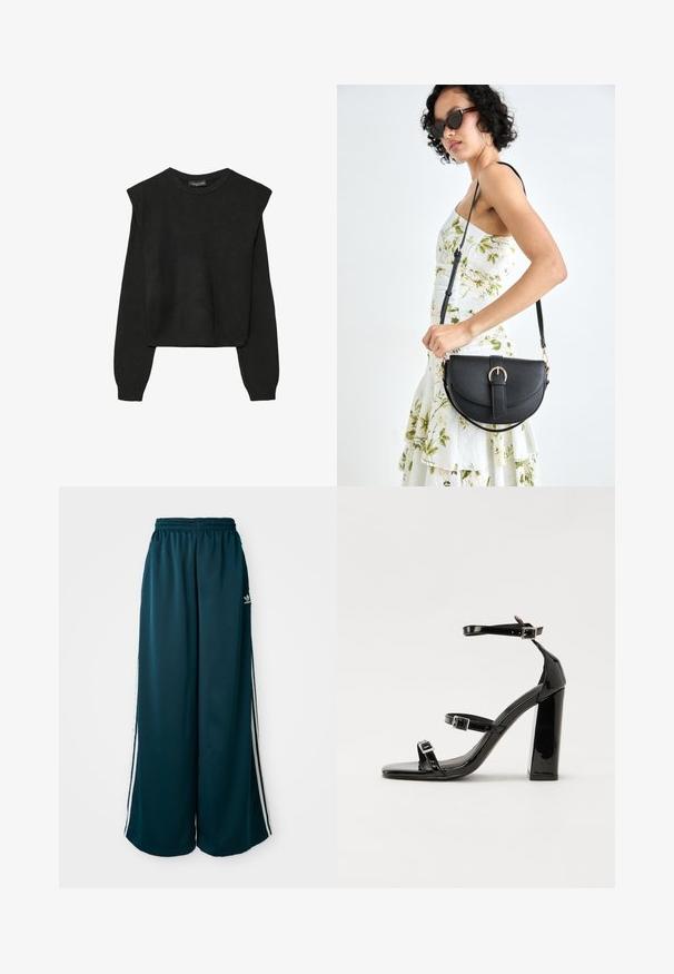 Črn dolgi pulover iz pletenine z oblazinjenimi rameni ter rebrastimi manšetami in robom, prikazan na beli podlagi.; Teal široke trenirke z elastičnim pasom, ki imajo tri bele črte ob straneh in Adidasov logotip na levi strani.; Črne lakaste sandale z visokimi petami, z dvema trakovoma z zaponkama, kvadratnim sprednjim delom in masivno širšo peto, z gladko, sijočo teksturo.; Črna usnjena torbica s ukrivljeno obliko, z odstranljivo naramnico in zlatimi dodatki. Torbica ima pokrov s podrobnostmi v obliki zaponke.