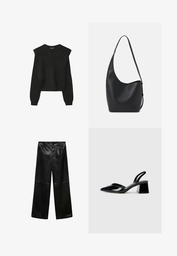 Crna pletena dugoslojna majica sa podloženim ramenima i rebrastim manžetama i rubom, prikazana na bijeloj pozadini.; Crne hlače širokih nogavica od umjetne kože s prednjim kopčanjem na gumb, dva bočna džepa i kontrastnim teksturiranim panelima na donjim dijelovima nogavica.; Crne lakirane kožne sandale s otvorenom petom i špicastim vrhom, s geometrijskom blok petom. Imaju elegantan, minimalistički dizajn i glatku teksturu.; Crna kožna hobo torba s glatkom teksturom, zakrivljenim oblikom i jednom podesivom trakicom; ima širok otvor na vrhu.