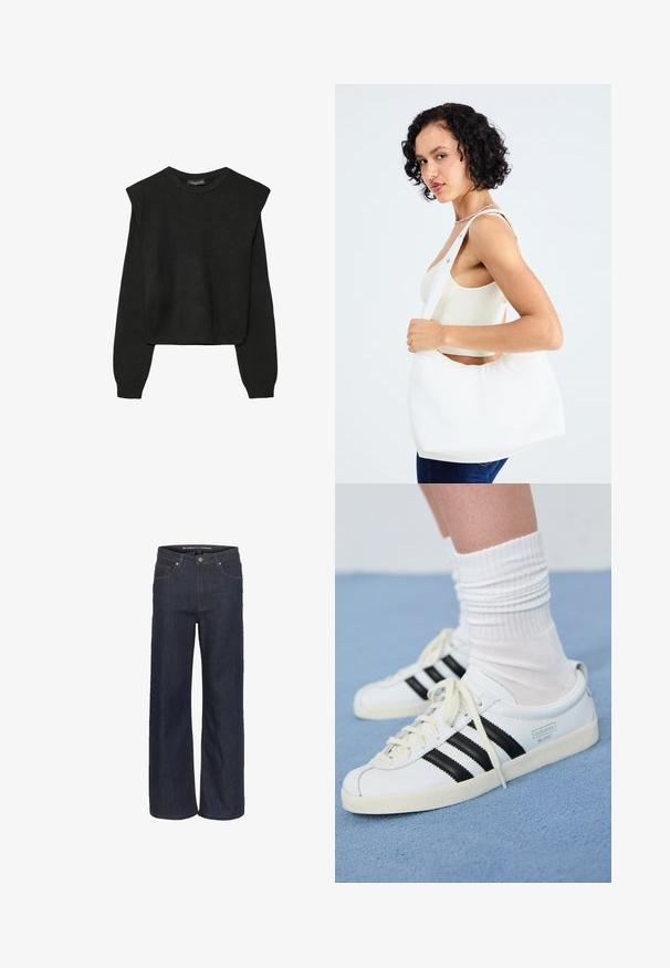 Černý pletený svetr s dlouhými rukávy, vycpanými ramenními částmi a ribbovanými manžetami a lemem, zobrazený na bílém pozadí.; Tmavé džínové kalhoty s širokým střihem a vysokým pasem, se pěti kapsami, kontrastním šitím a surovým lemem na spodním okraji.; Bílé kožené tenisky s černými pruhy, krémovou podešví a světlými tkaničkami. Nosené s bílými žebrovanými ponožkami, umístěné na modrém pozadí.; Bílá kabelka přes rameno vyrobená z hladkého materiálu, s oválným výřezem a širokým designem popruhu. Jednoduchá a moderní, bez viditelného hardwaru.