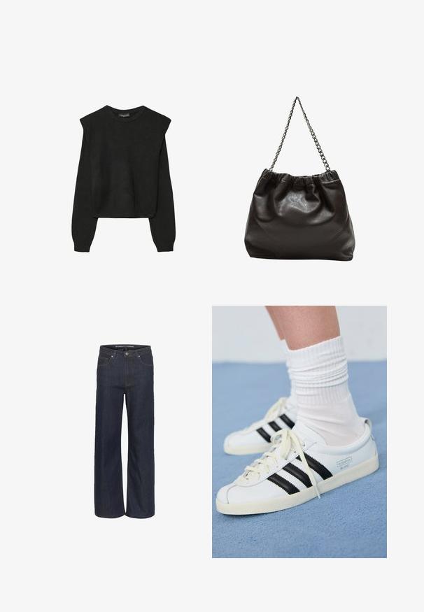 Mustat pitkätuuliseset neulepaidat, joissa on toppaukset harteilla sekä ribbaus hihansuissa ja helmassa, esitetty valkoista taustaa vasten.; Tummat denimpöksyt, joissa on leveä lahje ja korkea vyötärö, viisi taskua, kontrastiväriset lankasaumat ja raaka helma alareunassa.; Valkoiset nahkakengät, joissa on mustat raidat, kermaisen värinen pohja ja vaaleat nauhat. Puettu valkoisten urheilusukkien kanssa, taustalla sininen väri.; Ruskea nahkainen laukku, jossa on kerätty yläosa ja ketjuhihna. Tasainen pinta, jossa kiiltävä viimeistely ja hienovaraiset sauman yksityiskohdat sivuilla.