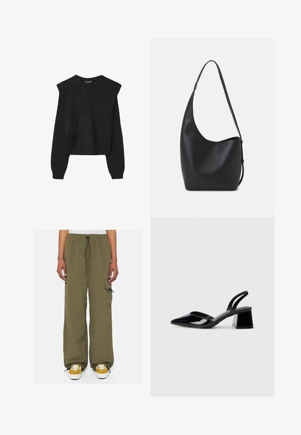 Črn dolgi pulover iz pletenine z oblazinjenimi rameni ter rebrastimi manšetami in robom, prikazan na beli podlagi.; Olivne zelene cargo hlače z elastičnim pasom, nastavljivim vrvico, stranskimi žepi in z gumbom na snap na stegnu.; Črne lakirane slingback pete s koničastim nosom in geometrijsko blokasto peto. Imajo eleganten, minimalističen dizajn in gladko teksturo.; Črna usnjena hobo torba z gladko teksturo, ukrivljeno obliko in eno nastavljivo naramnico; ima širok odprtina na vrhu.