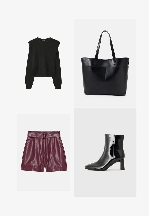 Mustat pitkätuuliseset neulepaidat, joissa on toppaukset harteilla sekä ribbaus hihansuissa ja helmassa, esitetty valkoista taustaa vasten.; Burgundin väärennöksestä valmistetut shortsit, joissa on leveä vyötärönauha, hopea solki vyössä ja etupleikkuja rentoa siluettia varten.; Musta patenttilakattu nilkkuri, jossa on terävä kärki ja keskipitkä lohkarekorko. Silkkinen pinta ja minimalistinen muotoilu.; Musta nahkainen kassi, jossa on kaksi pitkää kahvaa, sileä pinta ja jämäkkä muoto. Sisältää etutaskun lisävarastointia varten.