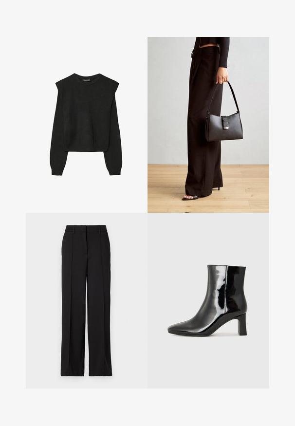 Crna pletena dugoslojna majica sa podloženim ramenima i rebrastim manžetama i rubom, prikazana na bijeloj pozadini.; Crne hlače ravnog kroja, s dva prednja nabora, pojasom i bez vidljivih džepova ili ukrasa.; Crne lakirane kožne gležnjače s šiljastim prstom i srednje visokom blok petom. Glatka tekstura i minimalistički dizajn.; Crna torba s oblikom koji sadrži strukturu, glađu teksturu i metalnu kopču. Uparena s širokim crnim hlačama i sandalama na otvorenom s drvenog poda.