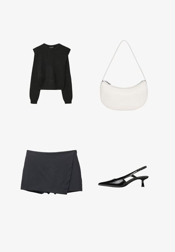 Pull en tricot noir à manches longues avec épaules rembourrées et poignets et ourlet côtelés, présenté sur un fond blanc.; Mini-jupe noire à rayures, avec un design enroulé, fabriquée à partir d'un tissu lisse. Dispose d'une finition soignée et sans attache visible.; Escarpins slingback en cuir verni noir avec un bout pointu, un design découpé sur les côtés et un petit talon carré. Texture lisse avec des accents minimaux.; PULL&BEAR HALF MOON - Sac à main - white