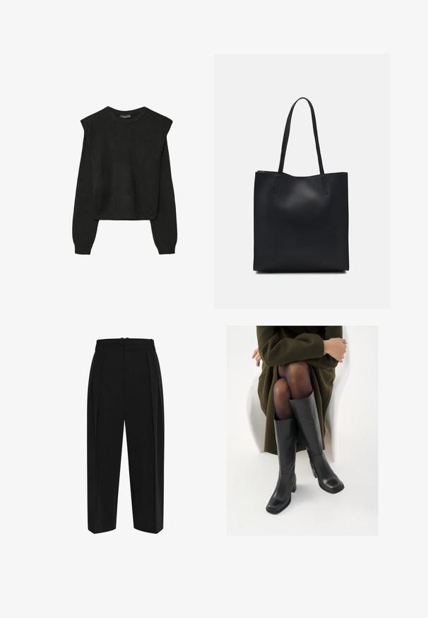 Černý pletený svetr s dlouhými rukávy, vycpanými ramenními částmi a ribbovanými manžetami a lemem, zobrazený na bílém pozadí.; Černé kalhoty s vysokým pasem, sklady na přední straně a rovný střih nohavic. Vyrobeny z hladkého materiálu s čistým provedením a bez viditelného kování.; Černé kožené boty po kolena s hranatou špičkou a blokovým podpatkem, předvedené na modelce sedící v olivově zeleném kabátu. Hladký povrch, minimalizované detaily.; Černá kožená taška přes rameno s hladkým povrchem, obdélníkovým tvarem a dvěma dlouhými uchy. Žádné viditelné kování ani ozdoby.