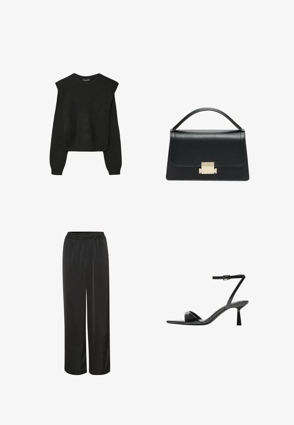 Crna pletena dugoslojna majica sa podloženim ramenima i rebrastim manžetama i rubom, prikazana na bijeloj pozadini.; Crne saten hlače širokog kroja, s elastičnim pojasom i glatkom teksturom. Duljina im je do gležnjeva i nemaju dodatne ukrase.; Bershka Sandale s visokom petom - black; Crna kožna torba s strukturiranim dizajnom, gornjom drškom i zlatnim metalnim kopčanjem na prednjoj strani. Glatka tekstura, minimalno šivanje.