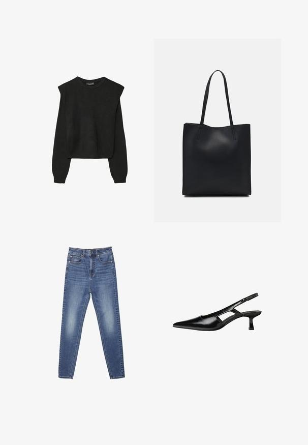 Mustat pitkätuuliseset neulepaidat, joissa on toppaukset harteilla sekä ribbaus hihansuissa ja helmassa, esitetty valkoista taustaa vasten.; Sinisiä farkkuja suoran lahkeen muotoilulla, viisi taskua ja näkyvää ommelta. Kangas on haalistunut ja siinä on sileä pinta.; Mustat lakatut nahkakengät, joissa on viistopää, leikattu sivusuunnassa ja pieni neliökoroke. Sujuva pinta, jossa on minimaalinen koristelu.; Mustapahkainen kangaskassi, jossa on sileä pinta, suorakaiteen muotoinen ja kaksi pitkää kahvaa. Ei näkyvää metalliosaa tai koristeita.