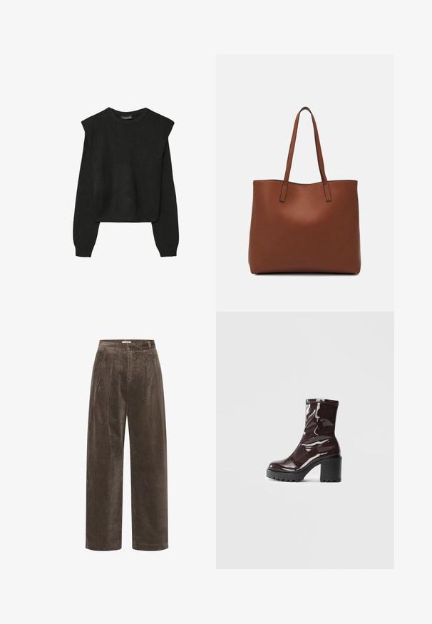 Crna pletena dugoslojna majica sa podloženim ramenima i rebrastim manžetama i rubom, prikazana na bijeloj pozadini.; Smešene smešane široke hlače od kordura smeđe boje s pregibima, koje se odlikuju mekanom teksturom i srednje visokom strukom. Rubovi su čisti i ravni.; Sjajna burgundska čizma do gležnja s debelim crnim potplatom, koja se odlikuje glatkom teksturom i jednostavnim dizajnom. Nema vidljivih kopčanja ili uzoraka.; Smeđa kožna torba preko ramena s glatkom teksturom, otvorenim vrhom i dvjema naramenicama. Ima minimalne šavove i nema vidljivog hardvera.