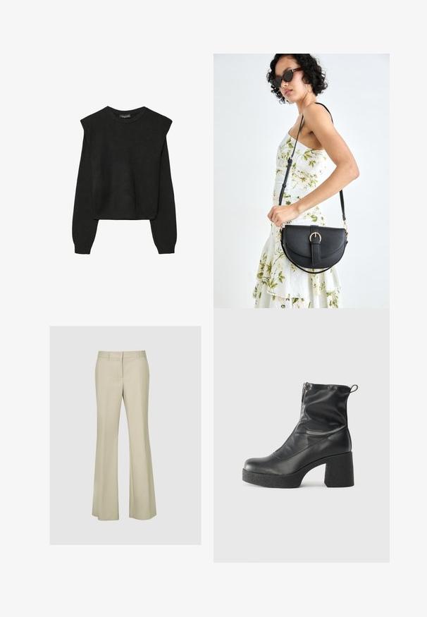 Pull en tricot noir à manches longues avec épaules rembourrées et poignets et ourlet côtelés, présenté sur un fond blanc.; Pantalons évasés beiges en tissu lisse, avec une taille mi-haute, des détails de coutures et sans matériel ni motifs visibles.; Bottes noires à la cheville en cuir lisse, dotées d'une fermeture éclair sur le côté, d'un talon épais texturé et d'une conception à bout rond.; Sac à main en cuir noir avec une forme courbée, bandoulière amovible et des accessoires en or. Le sac est doté d'un rabat avec un détail de boucle.