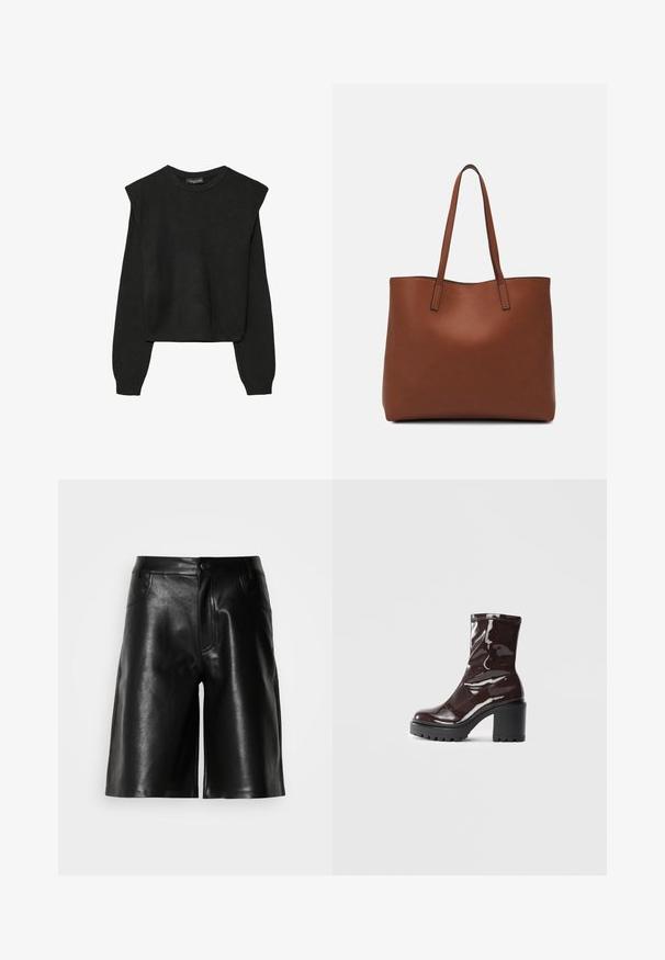 Svart långärmad stickad tröja med vadderade axlar och ribbade muddar och fåll, visad mot en vit bakgrund.; Svarta lädershorts med en smidig yta, med framfickor, dragkedja och skräddarsydd passform.; Glansig bordeauxfärgad ankelsko med en kraftig svart klack, som har en slät yta och enkel design. Inga synliga stängningar eller mönster.; Brun läder tote-väska med en slät textur, öppen toppdesign och två axelremmar. Har minimal söm och ingen synlig metalldetalj.