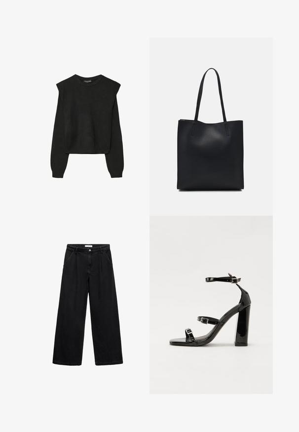 Črn dolgi pulover iz pletenine z oblazinjenimi rameni ter rebrastimi manšetami in robom, prikazan na beli podlagi.; Črne široke jeans hlače iz denima, s visokim pasom, sprednjimi žepi in gumbom za zapiranje. Tekstura je gladka z minimalnimi detajli.; Črne lakaste sandale z visokimi petami, z dvema trakovoma z zaponkama, kvadratnim sprednjim delom in masivno širšo peto, z gladko, sijočo teksturo.; Črna usnjena torba s svilnato teksturo, pravokotne oblike in dvema dolgima ročajema. Brez vidnih metalnih delov ali okrasnih elementov.