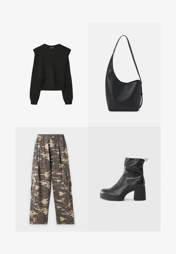 Crna pletena dugoslojna majica sa podloženim ramenima i rebrastim manžetama i rubom, prikazana na bijeloj pozadini.; BDG Urban Outfitters BOBBI - Cargo hlače - camo; Crne gležnjače od glatke kože, s bočnim zatvaračem, debelim teksturiranim potplatom i dizajnom s zaobljenim prstima.; Crna kožna hobo torba s glatkom teksturom, zakrivljenim oblikom i jednom podesivom trakicom; ima širok otvor na vrhu.