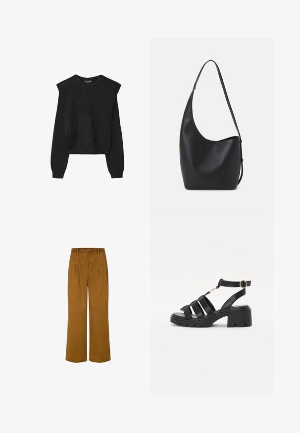 Schwarzer, langärmeliger, gestrickter Pullover mit gepolsterten Schultern sowie gerippten Bündchen und Saum, dargestellt vor einem weißen Hintergrund.; Weit geschnittene, hoch taillierte Hose in einem warmen Braunton. Hergestellt aus weichem Stoff mit einer strukturierten Oberfläche, versehen mit vorderen Falten und einem Knopfverschluss.; Schwarze Lederblockabsatzsandalen mit mehreren breiten Riemen, einem verstellbaren Knöchelriemen und Akzenten aus goldfarbenem Metall. Flache Gummisohle.; Schwarze Leder-Hobo-Tasche mit einer glatten Textur, geschwungener Form und einem einzelnen verstellbaren Tragegurt; verfügt über eine weite Öffnung am oberen Ende.