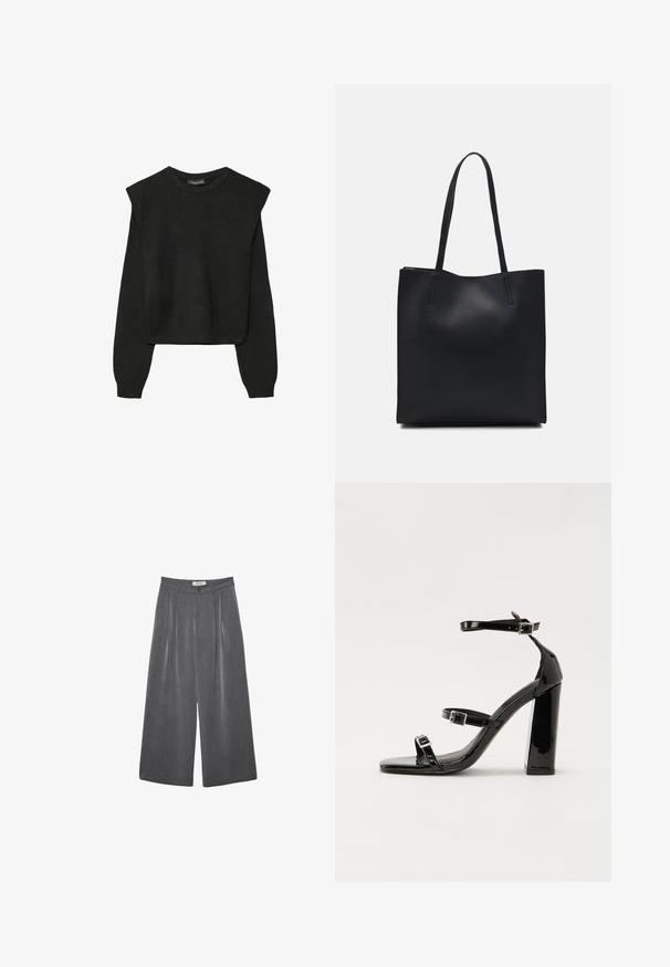 Črn dolgi pulover iz pletenine z oblazinjenimi rameni ter rebrastimi manšetami in robom, prikazan na beli podlagi.; Nabrane hlače širokega kroja v temnosivi tkanini z diskretno teksturo. Opremljene so z gumbom za zapiranje in klasičnim oblikovanjem pasu.; Črne lakirane sandale s peto, kvadratnim prstom, trakovi okrog gležnja in srebrnimi zaponkami. Opremljene so s stabilno Debelo peto.; Črna usnjena torba s svilnato teksturo, pravokotne oblike in dvema dolgima ročajema. Brez vidnih metalnih delov ali okrasnih elementov.