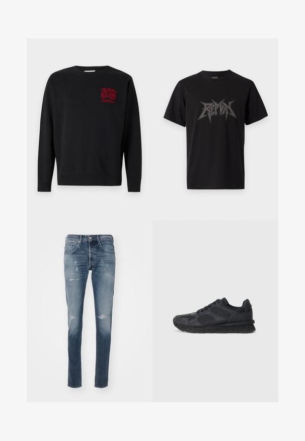 Musternöörmust nahktagi, pikkade varrukatega, ümar kaelus, soonikkoes varrukate ja äärega. Ees on punane logo tekstiga. Valmistatud pehmest kangast.; Must have lühikeste käistega must puuvillane T-särk ja ümmargune kaelus. Ees on silmatorkav hall graafilise teksti logo.; Replay WILLBI PANTS - Sirgete säärtega teksad - medium blue; Replay ARTHUR ATOM - Tossud - black