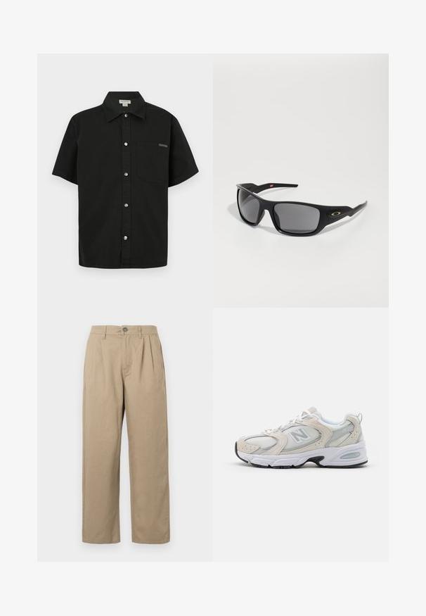 Svart og hvit strikket genser med abstrakte sikksakk- og geometriske mønstre, rund hals, lange ermer, og ribbestrikkede mansjetter og kant.; Svart kortermet skjorte laget av bomull, med knapper foran, enkelt brystlomme og liten logo aksent nær lommen.; Beige høy midje bukser med legg, beltehemper, knappelukking og rette ben på hvit bakgrunn.; Idrettssko med en lys grå mesh-overdel med semsket skinn-detaljer, hvite snører og en svart gummisåle. Merkbar ABZORB-demping.; Sorte solbriller med rektangulær form, laget av slitesterk plast, med gråtonede linser og en gullakzent på siden.